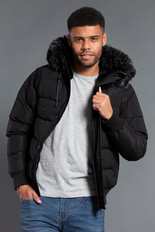 Black Short Padded Parka Jacket With Faux Fur Hood