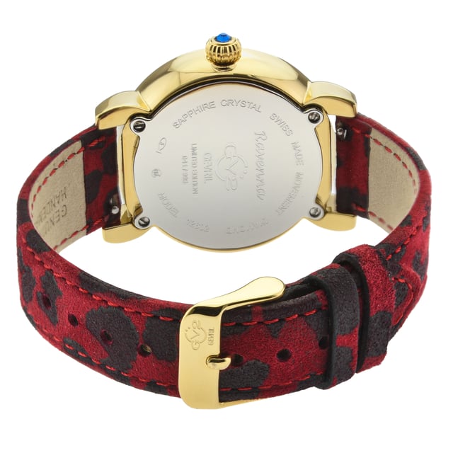 Live artfully in the Ravenna Collection from GV2.
Known for breath-taking Byzantine architecture with towering domes covered in delicate, detailed mosaics, the city of Ravenna, Italy is a testament to the power of Italian design. Drawing inspiration from the mosaic-adorned buildings of the historic city, this collection of timepieces merges an ancient art form with playful prints and impeccable Swiss Movement. The watch face nods to the exquisite tableaus on the buildings of Ravenna- a mosaic mother of pearl face stuns in white, blue, black and brown with 11 dazzling inlaid diamonds. Set in a rose gold, yellow gold, or stainless steel ion plating case and covered in anti-reflective sapphire crystal, these unique timepieces are far from ordinary. Each watch features a push pull fluted crown with blue cabochon stone, and is water resistant for up to 50 meters. Express your personal style with a luxe, handmade Italian suede strap with tang buckle—choose from a chic and alluring array of animal print motifs in a series of bold color ways. Elegant, artful, and unexpected, the Ravenna Collection combines eclectic high fashion with Swiss Quartz Ronda Movement. GV2 12602 Women's Ravenna Swiss Quartz Watch

GV2 Women's Swiss Quartz Watch from the Ravenna Collection
37mm round 18K Yellow Gold Ion Plating Case
MOP White Mosaic Dial, 11 Diamonds on Dial
Push Pull Fluted Crown with Blue Cabochon Stone
Animal Print Suede Handmade Italian Strap with Tang Buckle
Anti-reflective Sapphire Crystal
Water Resistant to 50 Meters/5ATM
Swiss Quartz Movement, Ronda 762.