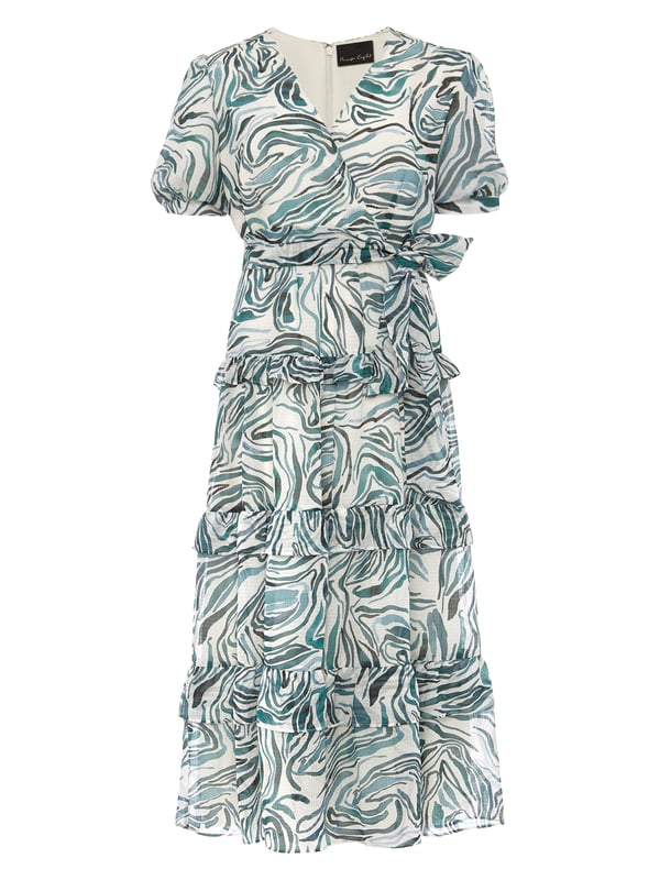 Elevate your style with the Iona Swirls Dress, featuring a captivating aquamarine and ecru print perfect for any casual outing.