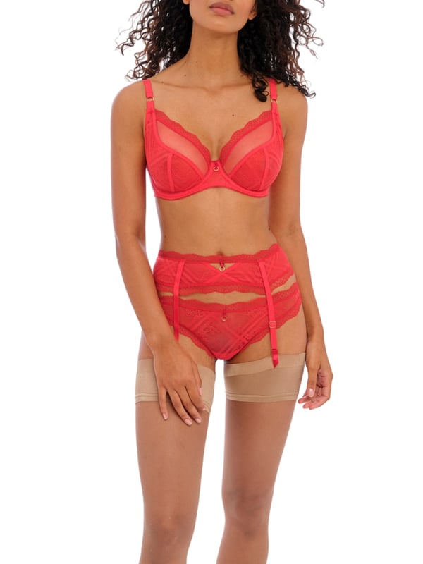 Freya Freya Fatale Plunge Bra. Lace trim neck edge with sheer top cups and lace bottom cups. This product is recommended as hand wash only.