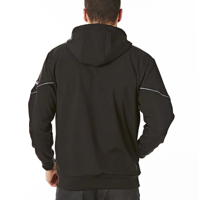 95% Polyester, 5% Elastane. Fabric: Bonded, Softshell, Stretch. Lining: Brushed Fleece. Design: Logo, Plain. Fabric Technology: Lightweight, Thermal, Windproof. Branded Sleeve, Reflective Detail, Side Seams. Neckline: Hooded. Sleeve-Type: Long-Sleeved. Cuff: Ribbed, Stretch. Hood Features: Drawcord, Sew-On. Pockets: 2 Side Pockets, Zip. Fastening: Full Zip. Hem: Ribbed, Stretch. L: 38 in. XXL: 46 in. 3XL: 48 in.