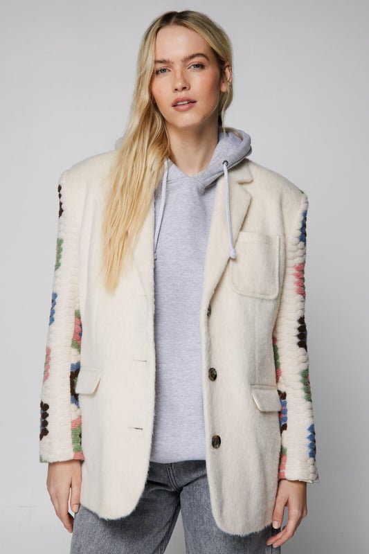 Layer up. Feel protected from the elements in our coat, in a cozy wool blend fabric, with crochet detailing. Pairs well with a casual fit for an elevated daytime look, or wear it over a mini dress for a levelled up night out look. Premium Wool Blend Crochet Blazer Coat High Quality Wool Blend Fabric Unique Crochet Style Details Comfortable Relaxed Fit Button Fastenings in Front Pocket Accents Model wears a size M (US size 6/UK size 10).