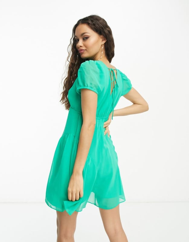 ASOS DESIGN Petite short sleeve v-neck chiffon mini dress in emerald green