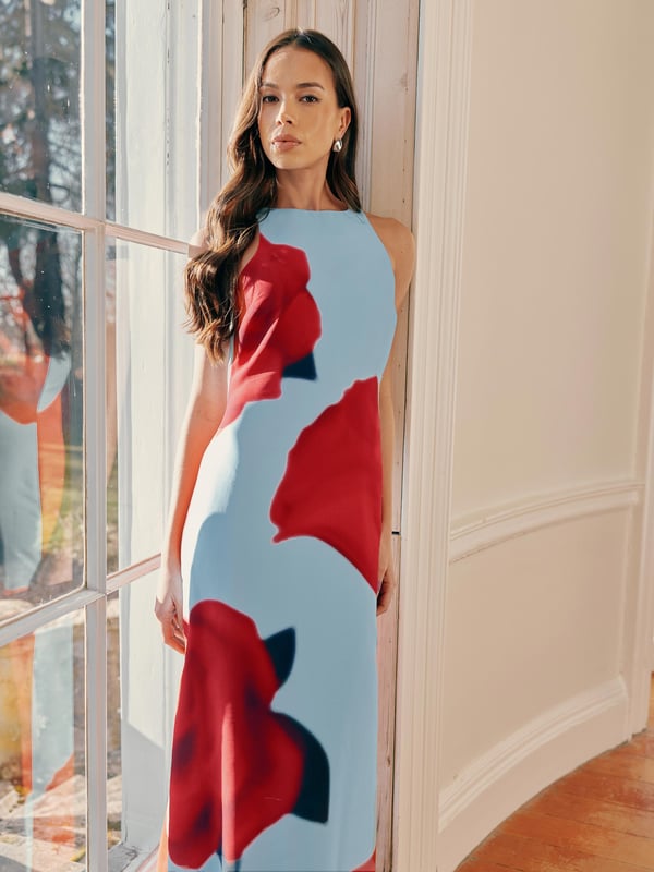 Co-founders' Notes

Introducing our Camilla Red Rose Print Racer Dress, a standout midaxi-length occasionwear piece with a striking large placement red rose print against an icy blue ground colour. Cut from a lightweight crepe, this fabric drapes beautifully in a column silhouette, featuring a stylish racer neckline that adds a contemporary touch to the elegant design. With a convenient zip in the back and fully lined for comfort, this dress seamlessly combines sophistication and style, making it a perfect choice for special occasions.

Midaxi Length

Fully Lined
Back zip
Racer Neckline
True to size. Try your usual size



Fabric &amp; Care



Composition: Main: 51% Recycled Polyester 49% Polyester Lining: 100% Viscose


Garment Care: Machine washable



Size &amp; Fit


True to size. Try your usual size

Length: 135cm (size 10)

Model is 170 cm/5'7" and is wearing a size 10
