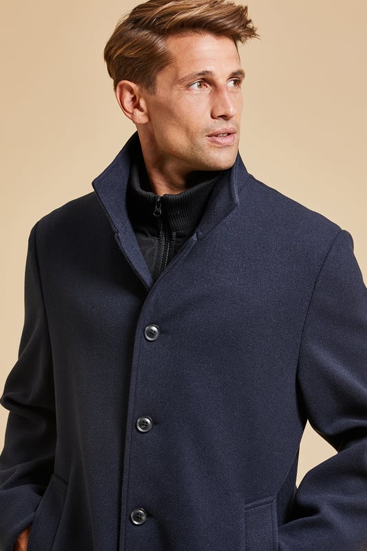 Navy Pipe Funnel Neck Coat With Mock Layer