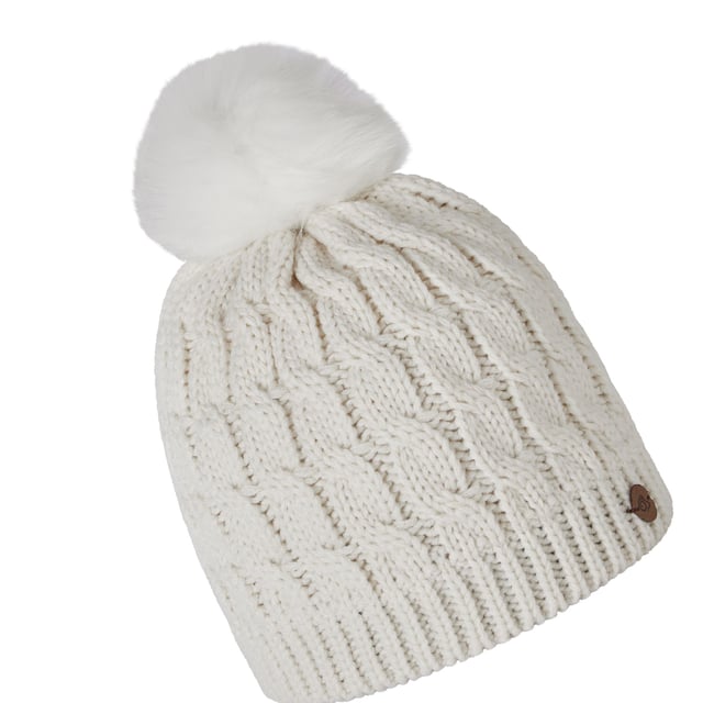 Material: Acrylic, Polyester. Fabric: Cable Knit, Chunky, Knitted, Yarn. Lining: Microfleece. Design: Logo, Textured. Faux Fur Pom Pom. Fabric Technology: Insulating. Sustainability: Made from Recycled Materials. Ribbed Hem.