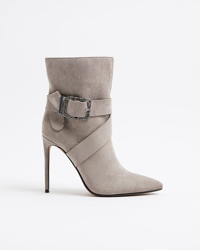 River Island Womens Heeled Boots Grey Woven Buckle