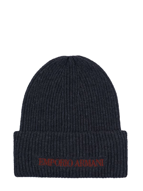 45% viscosa, 25% lana, 25% poliamida, 5% cachemira; gorra Emporio Armani;  Modelo: 627045 0A535 00044;  Mano de obra de alta calidad;  ala doblada;  Punto acanalado;  Detalles del logotipo de Emporio Armani.