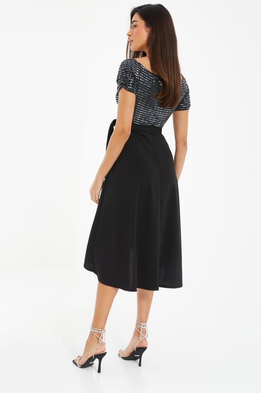 Black Shimmer Bardot Dip Hem Midi Dress