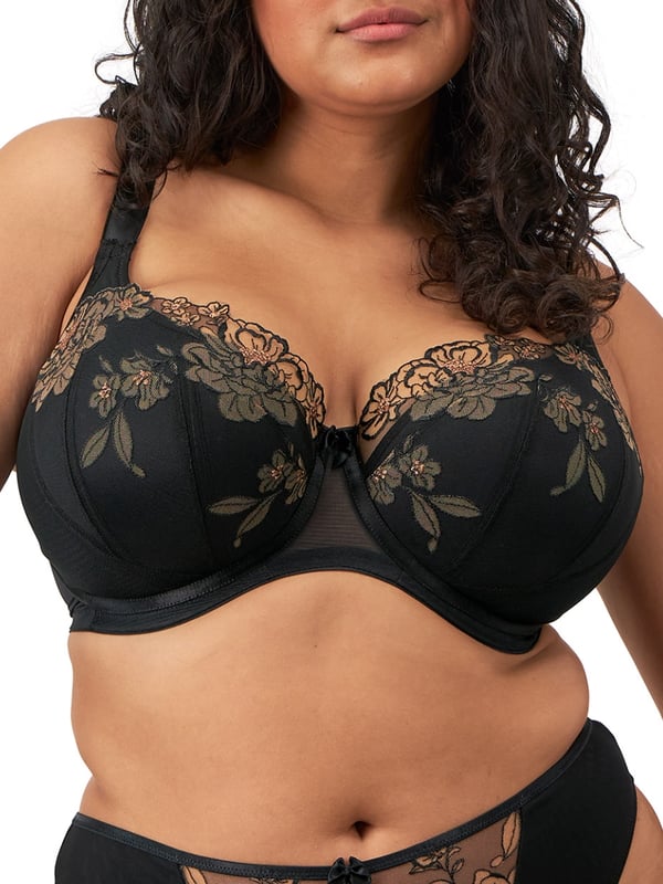 Elomi Teagan Half Cup Bra. Underwired padded half cup bra based on the beloved Brianna Half Cup Bra with a three section light foam liner with uplifting vertical seams, precision printed embroidery with soft metallic yarn detailing and smooth satin-look elastics. Product is recommended as hand wash only.