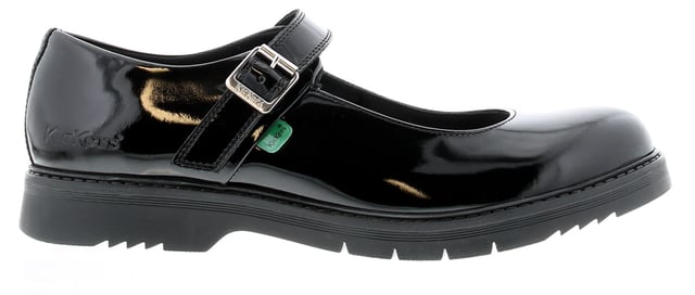 Womens Kickers Finley Patent Shoes in black.- Premium leather upper.- Buckle fastening closure. - Sole designed to be durable and long-lasting. - Sleek patent finish.- Iconic coloured tabs. - Comfortable padded collar.- Leather upper  Textile lining  Synthetic sole. - Ref: 116233