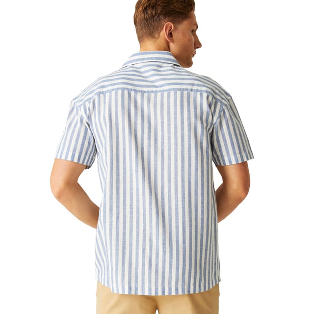 80% Cotton, 20% Linen. Fabric: Soft Touch, Yarn Dyed. Design: Embroidered Logo, Stripe. Pockets: 1 Chest Pocket. Fastening: Button-Down. Neckline: Revere Collar. Sleeve-Type: Short-Sleeved. Fit: Relaxed Fit. Sustainability: Sustainable Materials. S: 38 in. M: 40 in. L: 42 in. XL: 44 in. XXL: 48 in. 3XL: 51 in. 4XL: 54 in.