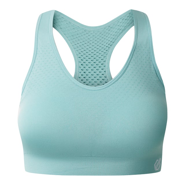 Material: Elastane, Nylon, Polyamide, Polyester. Fabric: Mesh, Q-Wic, Stretch. Design: Logo, Plain. Fabric Technology: Antibacterial, Moisture Wicking, Quick Dry, SeamSmart Technology. Medium Support, Removable Padded Cups, Seamless, Shaped Cups. Back Style: Racerback. Neckline: Scoop. XS: 27 in. S: 29 in. M: 31 in. L: 32 in. XL: 34 in.