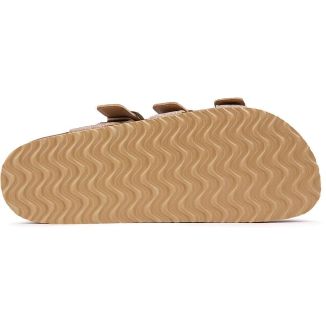 Sandalias astor Rocket Dog doradas para mujer, confeccionadas en sintético y suela de goma. Incluye: correa triple, plantilla acolchada, entresuela de corcho y marca Rocket Dog.