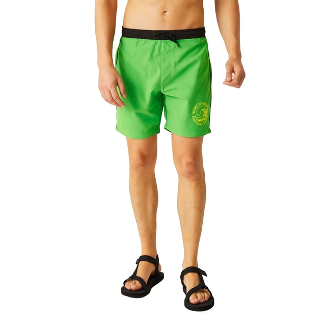 100% Polyester. Lining: Mesh. Fabric: Microfibre. Design: Colour Block, Logo, Printed, Text. Pockets: 1 Back Pocket, Flap Closure, 1 Security Pocket, Inner. Fastening: Pull-On. Branded Tab. Fabric Technology: Quick Dry, UV Protection. Waistline: Drawcord, Elasticated. Sustainability: Made from Recycled Materials. Sun Rating: UPF 40+.