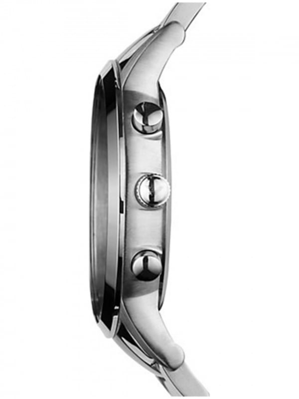 PRODUCT INFO			Case Diameter: 43mm	Case Material: Stainless Steel			Water Resistant: 50 Metres	Movement: Quartz (Battery)	Dial Colour: Black			Strap Material: Stainless Steel&nbsp;	Clasp Type: Push Button&nbsp;Deployment			Gender: Male	DESCRIPTION					Men's Emporio Armani made from stainless steel. This model features a round face complete with chronograph functions and a Japanese Quartz movement.&nbsp;					This watch fastens with a stainless steel metal bracelet and has a black dial with silver baton hour markers and silver hands with a date.