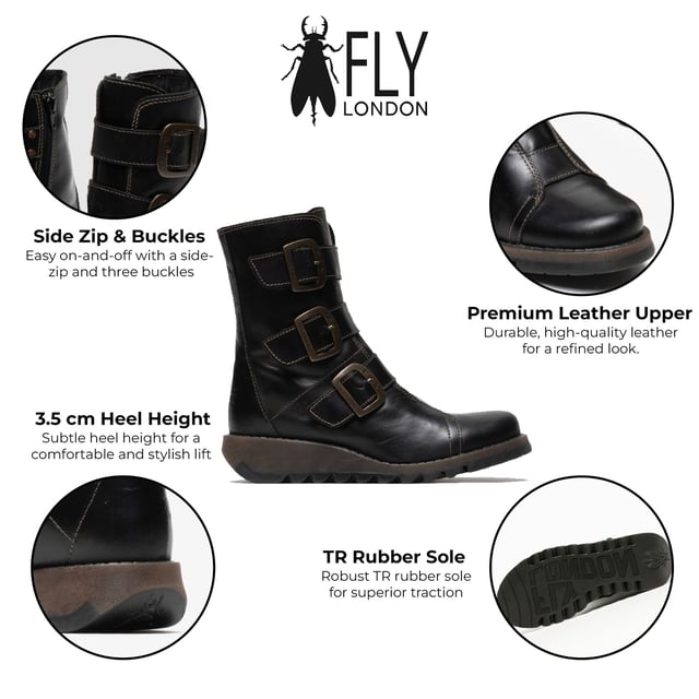 La línea Sminx para mujer de Fly London presenta el botín de cuero estilo motero Scop110FLY, que ofrece una combinación perfecta de estilo y funcionalidad. Estos botines, confeccionados con parte superior de cuero suave, presentan un diseño de punta redonda, costuras en contraste y cierres de correa con triple hebilla. La suela de goma TR duradera, junto con un tacón de cuña de 3,5 cm, garantiza comodidad para el uso diario. La marca Fly London en relieve en el empeine y el talón exterior, además de un cierre de cremallera en el lado interior, completan el diseño. Parte superior: cuero, forro: microfibra, plantilla: microfibra, suela: goma TR, altura del tacón: 3,5 cm, cierre de cremallera, detalles de hebilla.