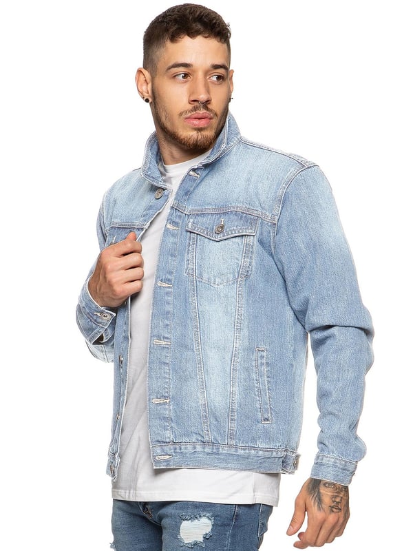 Your favourite wardrobe staple is right on trend this season; this casual Enzo jacket is tailored in washed blue denim for a rebellious look. With designer fashion details like the two chest pockets with buttoned flaps, a shirt style collar and a row of branded metal buttons, this casual layering piece can be worn all year round: wear with a T-shirt for a classic summer look or add a knit for cold weather fashion.