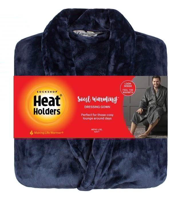 It’s time to upgrade your dressing gown to something truly special! Relax in luxury and comfort in our Heat Holders Soul Warming Dressing Gown. If a standard gown just isn’t warm enough for you then worry no more because these gowns have amazing thermal properties! Our incredibly soft HEATWEAVER fur-like plush thermal fleece and generous fit makes it perfect for post-bath time or simply to layer over your favourite nightwear and snuggle up on those lounge around days. Heatweaver Fleece - Our plush fur-like thermal fleece gives you maximum warmth and an incredibly soft and snug feel. The generous fit, large cosy shawl collar and adjustable waist tie creates perfect comfort. These dressing gowns also include two front fleecy pockets, large enough to keep your hands warm and snug or to even keep your phone in so you don’t have to worry about losing it. The thermal properties are designed to be soft with a luxurious fleece feel whilst holding warm air close to your skin, effectively keeping the cold air out. All of this is designed to ensure that you are toasty warm even during the colder months. These amazing dressing gowns are made out of 100% Polyester, come in 3 colours: Black, Navy & Grey and are also available in 4 sizes: Small, Medium, Large and X-Large. They are fully machine washable