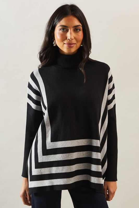 Chic striped roll neck poncho design
        Oversized, relaxed fit for ultimate comfort
        Elegant contrasting stripe pattern
        Long sleeves with dropped shoulders
        Versatile length suitable for various styling options
    
    Embrace sophistication and comfort with this striking striped roll neck poncho from Wallis. The oversized silhouette offers a relaxed fit, perfect for those who appreciate both style and ease. The elegant contrasting stripe pattern adds visual interest, while the long sleeves with dropped shoulders contribute to its laid-back charm. Ideal for casual events and family gatherings, this versatile piece can be styled effortlessly. Pair it with slim-fit trousers and ballet flats for a polished daytime look, or layer it over a fitted dress with ankle boots for a more refined ensemble. The poncho's adaptable length allows for various styling possibilities, making it a wardrobe staple for the fashion-forward woman who values both glamour and practicality in her everyday attire.
