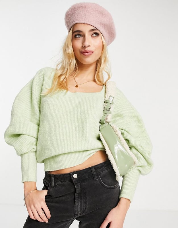 Miss Selfridge mint square neck cut out back knit jumper LGREEN