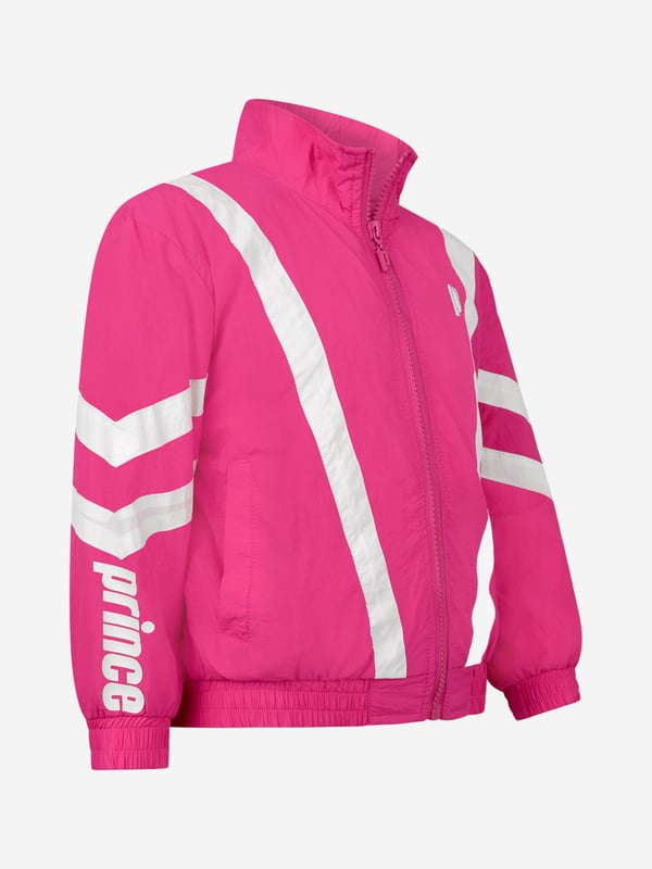 Prince off Court Baseline Track Jacket in white will keep them sporty whether they're taking a ride in the car or taking a walk. This fashionable jacket can be paired with the matching white baseline windbreaker pants. The jacket features pink stripes on the body of the jacket and on the sleeves. Gel Print Prince logo on the sleeves. Made with 100% nylon with a full zip front, open side pockets and gel print logo. Make sure to turn inside out before washing to protect lettering and wash on delicate cycle.