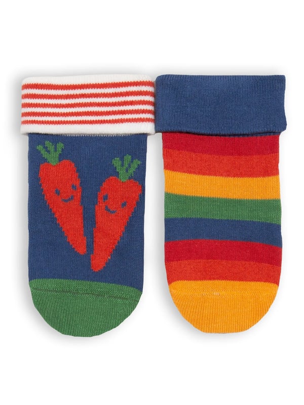 Keep little feet cosy and comfy. This two-pack sock set features a bright rainbow design and a navy option with a veggie inspired intarsia. Oh-so-soft and with turn-down tops, they finish off any outfit and make a great little gift idea too.