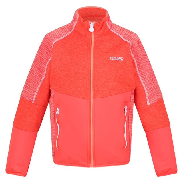 Regatta Juniors Oberon V Softshell Jacket in Red The Oberon V kids' jacket from Regatta is just the thing for weekends in the hills and blustery beach walks. The kids' stretch jacket features Extol stretch, warm-backed fabric, providing comfortable movement, whilst withstanding the rough and tumble of adventure. With stretch binding to the collar, cuffs and hem, you'll stay warm in cold or blustery conditions. The full zip allows for easy wear and extra ventilation. The zip pockets provide storage space for your belongings. Material: 90% Polyester, 10% Elastane. Ref: RKL110FBN.