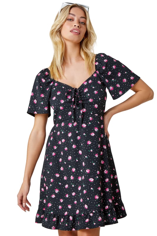 Quiz black floral print frill online dress