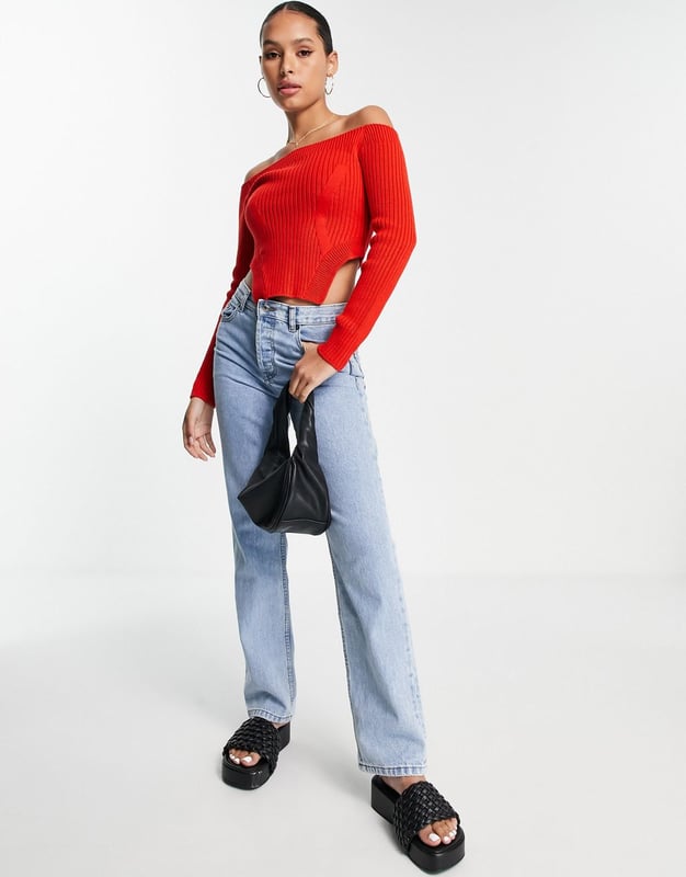 Off the shoulder red jumper outlet