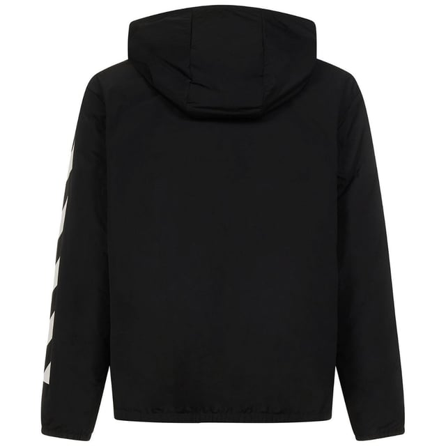 Black Puffer Jacket, Zip Closure, Branding along  Arms, Hooded Jacket, Padded Jacket, Light Padded, Black Coat, White Logo