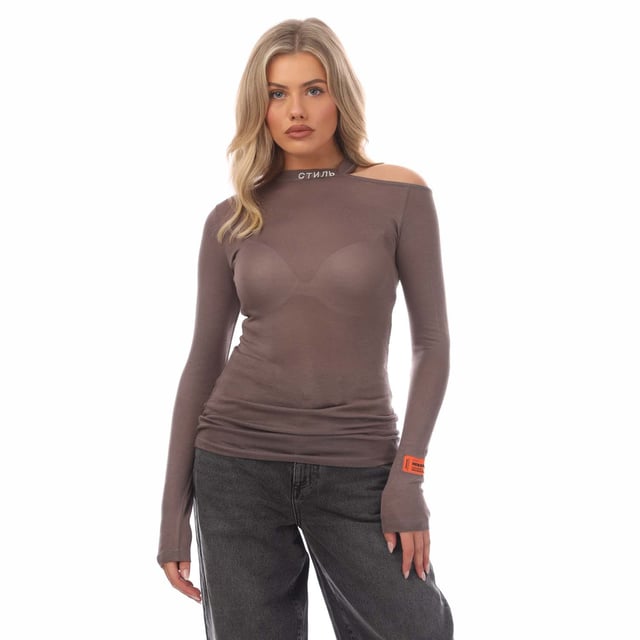 Heron Preston Cut Shoulder CTNMB Crewneck Sweater in grijs - wit.- Mock hals.- Lange mouwen.- Cut shoulder.- Half doorschijnend.- Heron Preston oranje logo patch genaaid op de mouwen.- Slim fit.- 99% Viscose 1% Elastane.- Ref: HWAB024F210901