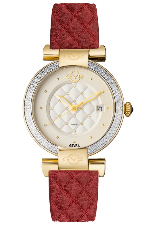 The right timepiece on your wrist can make a strong statement about who you are. When you’re wearing the stylish 37 mm ladies GV2 Berletta, people will never get the wrong impression.
This classically styled and impeccably detailed three-hand configuration effortlessly adds elegance and sophistication to any outfit.
Your eye immediately drawn to the tastefully quilted dial, set with fifteen genuine diamonds. Small discrete raised studs serve as indices and a fluted crown capped with a blue cabochon enhances the inspired design. A glittering diamond cut bezel framed by lugs embellished with the GV2 logo encircles the exquisitely crafted dial. GV2 1501-V4 Women's Berletta Diamond Swiss Quartz Watch

GV2 Women's Berletta Diamond Swiss Quartz Watch
37 mm Round IPYG case with Small discrete raised studs serve as indices and a fluted crown capped with a blue cabochon
White dial with quilt pattern and 15 diamonds (CT. 0.0044)
Glittering diamond cut bezel framed by lugs embellished with the GV2 logo encircles the exquisitely crafted dial.
Burgundy Vegan Quilted Italian Hand Made Genuine Leather Strap with Tang Buckle
Anti-reflective Sapphire Crystal
Water Resistant to 50 Meters/5ATM
Swiss Quartz movement Ronda 705