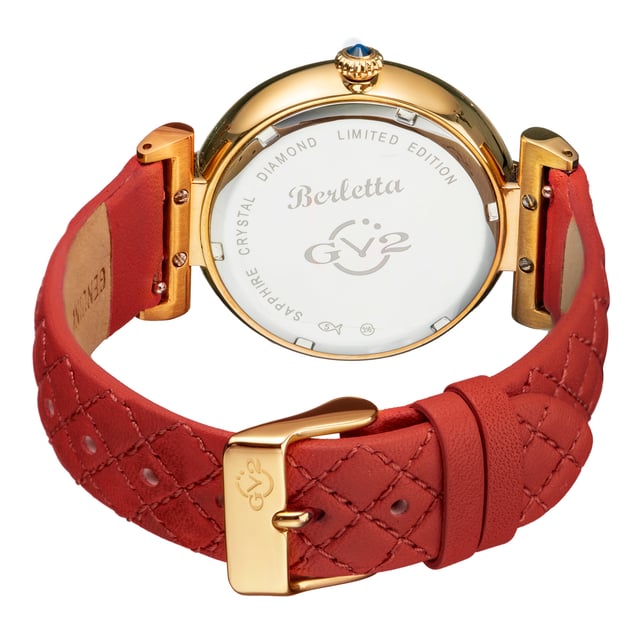 The right timepiece on your wrist can make a strong statement about who you are. When you’re wearing the stylish 37 mm ladies GV2 Berletta, people will never get the wrong impression.
This classically styled and impeccably detailed three-hand configuration effortlessly adds elegance and sophistication to any outfit.
Your eye immediately drawn to the tastefully quilted dial, set with fifteen genuine diamonds. Small discrete raised studs serve as indices and a fluted crown capped with a blue cabochon enhances the inspired design. A glittering diamond cut bezel framed by lugs embellished with the GV2 logo encircles the exquisitely crafted dial. GV2 1501-V4 Women's Berletta Diamond Swiss Quartz Watch

GV2 Women's Berletta Diamond Swiss Quartz Watch
37 mm Round IPYG case with Small discrete raised studs serve as indices and a fluted crown capped with a blue cabochon
White dial with quilt pattern and 15 diamonds (CT. 0.0044)
Glittering diamond cut bezel framed by lugs embellished with the GV2 logo encircles the exquisitely crafted dial.
Burgundy Vegan Quilted Italian Hand Made Genuine Leather Strap with Tang Buckle
Anti-reflective Sapphire Crystal
Water Resistant to 50 Meters/5ATM
Swiss Quartz movement Ronda 705