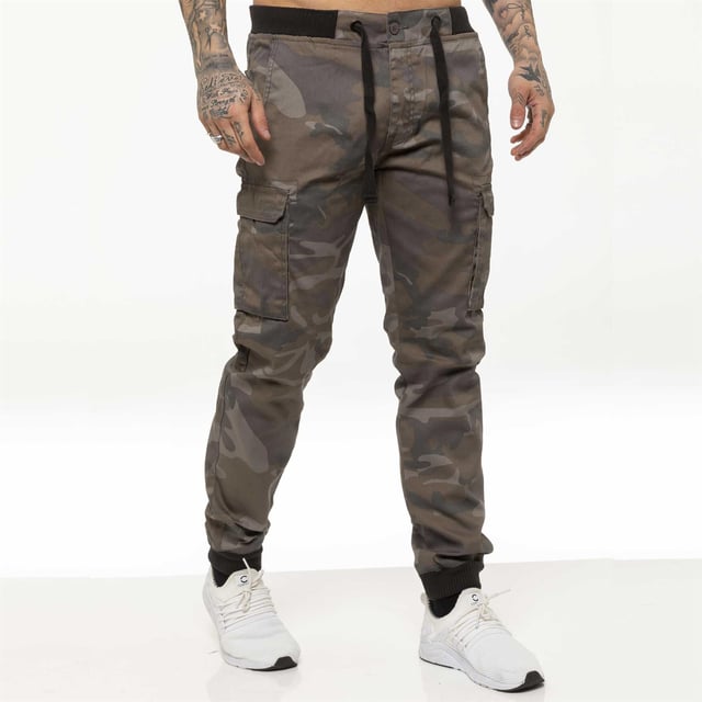 Enzo Men’s Camo Combat Cuffed Jogger Style Trousers in Grey, 65% Polyester, 35% Cotton, Elasticated Waist with Drawcord and Secured by Button, Mid Rise, Elasticated Ribbed Waist and Cuffs, 2 Front Pockets, 2 Buttoned Back Pockets and 2 Velcro Side Pockets, Zip Fly Fastening, Machine washable, Suitable For All Year Round Wear And Casual Occasions.