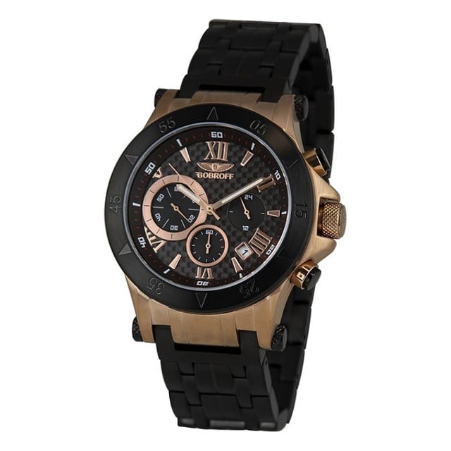 BOBROFF BF1001M15M Uhr Mann Quarz• Material: Edelstahl• Glas: Saphir• Armband: Edelstahl• Farbe: Schwarz• Wasserbeständigkeit: 100 m (10 ATM)• Gehäusegröße: 44 mm