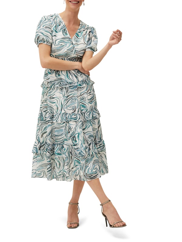 Elevate your style with the Iona Swirls Dress, featuring a captivating aquamarine and ecru print perfect for any casual outing.