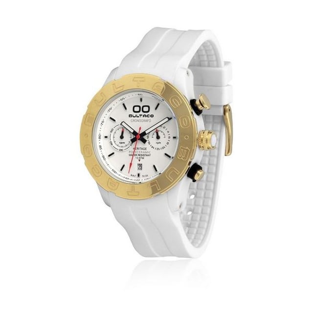 BULTACO H1PW43C-CW2 Uhr Mann Quarz• Material: Polykeramik• Glas: Mineral• Armband: Gummi• Farbe: Weib• Wasserbeständigkeit: 100 m (10 ATM)• Gehäusegröße: 43 mm