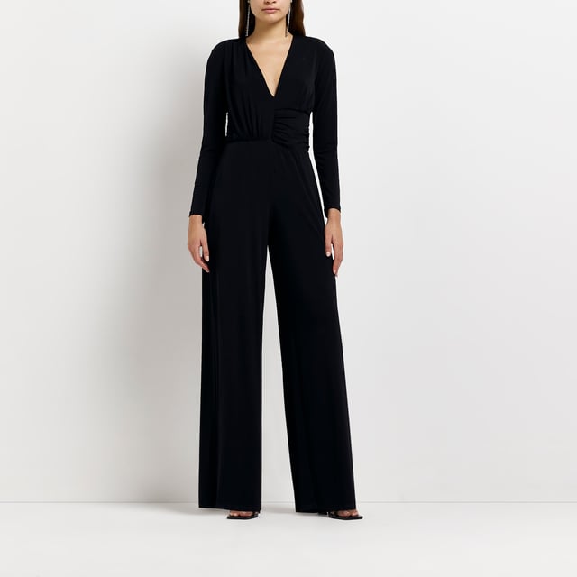 River Island Womens Jumpsuit Black Plunge Long Sleeve