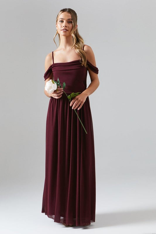Cold Shoulder Off The Shoulder Bridesmaid Dress Burgundy