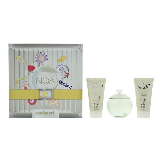 Cacharel Noa perfume is a youthful and radiant perfume full of hope and vibrancy. Modern yet timeless Cacharel Noa is the visionary element in all of us. Noa begins with Plum Freesia Peach Peony layered over a fresh green floral heart of Green Grass Lily Jasmine Ylang-Ylang and a sensuous base of Coriander Sandalwood Tonka Bean and Vanilla. This gift set includes Eau de Toilette 50ml and two tubes of body lotion each 50ml.