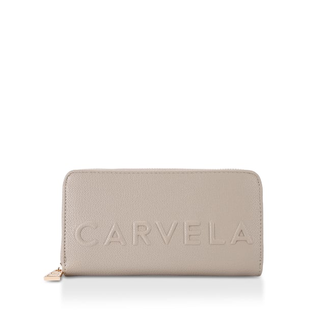 The Carvela Frame Purse features a textured taupe exterior with embossed Carvela logo. The zip closure opens to an interior with multiple card slots and zipped compartment. 10cm (H), 19cm (W), 2cm (D).