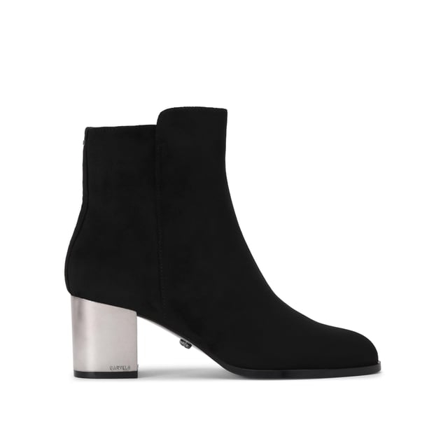 This Royale Ankle boot features a black microsuede upper with statement silver block heel.
