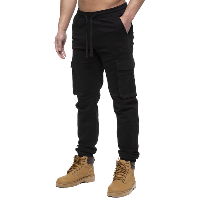 Enzo Mens Cargo Jogger Jeans Black