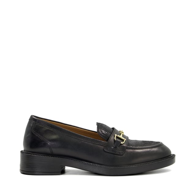 Dune Ladies GRID Leather Monogram-Snaffle Trim Loafers GRID This season's It style has been reworked with our covetable Grid loafers. These flats have been crafted in-house with smooth, premium leather and are designed with the clean silhouette that we all know and love. But this time, the metal-snaffle trim is accented with our bespoke Dune London monogram, making this the ideal way to update any woman's smart-casual shoe collection.