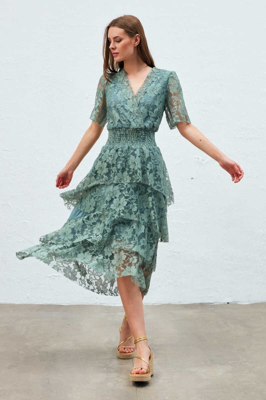 Tiered Dress Mint Lace Self-portrait Tiered Floral Lace Dress In Mint FWRD