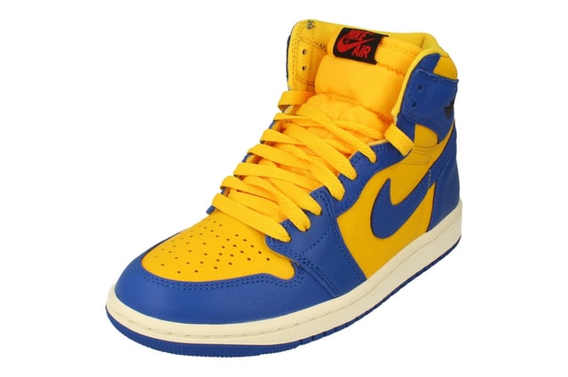 Zapatillas altas retro, zapatos azules, zapatillas altas Nike azules, 100% cuero, Air Jordans, cierre de encaje, zapatillas altas, insignia de la marca en el costado y en la parte delantera del zapato, bloque de color, amarillo/blanco/azul,