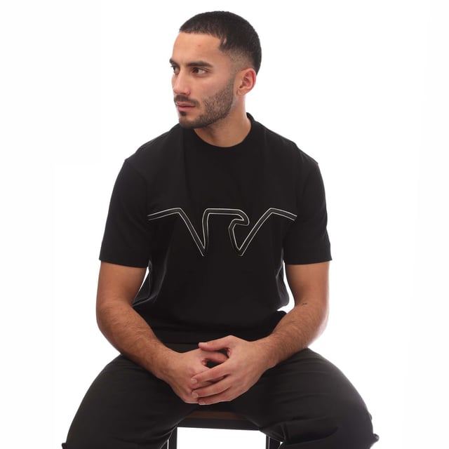 Mens Emporio Armani Raised Logo Embroidered T-Shirt in black.- Ribbed crew neck.- Short sleeves.- Embossed logo.- Heavyweight jersey.- Regular fit.- 100% Cotton. - Ref: 6D1TQ91JWZZ039