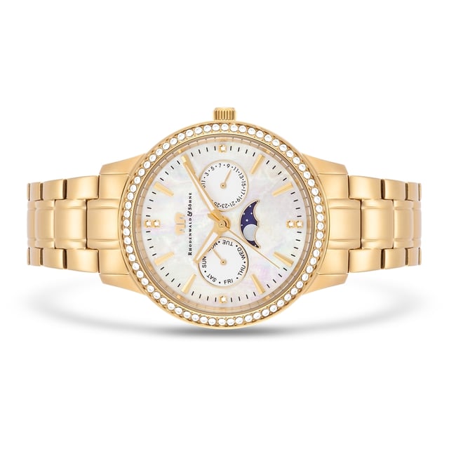 Would you like to enrich your watch collection with a model that combines multifunctionality and stylish glamor? Then this women's watch of the Rhodenwald & Sons label is an excellent choice. The design of the multi-layer dial is opulent and convinces with totalists for the weekday and date in the popular BICOmpax arrangement, striking line indices and night lighting. The moon phase display is striking. The robust stainless steel housing and the harmoniously coordinated limb strap are refined with an ion plate in yellow gold - for warm gold -gloss and best suitability for everyday use. Glamorous eyecatcher is the bezel, all around decorated with crystals from Swarovski®.