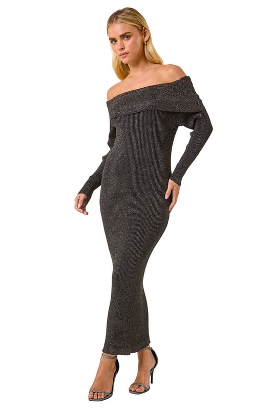 Petite Metallic Knit Bardot Midi Dress